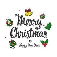 Merry Christmas And Happy New Year Font With Festival Elements In Color Doodle Style Against White Background. vector