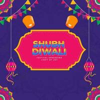 Happy Diwali Text Over Pink Frame With Sky Lanterns, Kandil Hang And Bunting Flags On Violet Mandala Pattern Background. vector