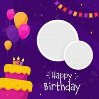 contento cumpleaños saludo tarjeta con delicioso pastel, globos y dado espacio para imagen o texto. vector