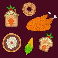 Gingerbread House Shape With Donut, Cookie And Chicken On Claret Background. vector