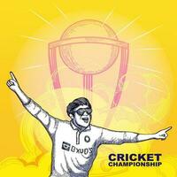 Cricket Championship Concept With Doodle Style Cricketer Player In Winning Pose And Trophy Cup On Abstract Yellow Background. vector