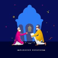 musulmán hombre dando alguna cosa a mendigo con la seguridad máscara y mantener social distancia en azul antecedentes para Ramadán Mubarak concepto. vector