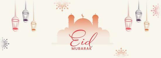 Eid Mubarak Banner Or Header Design With Silhouette Mosque, Lanterns Hang On White Background. vector