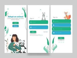 conjunto de ui, ux, gui pantallas aplicación tal como acceso, crear cuenta, Regístrate para adoptar un animal móvil solicitud. vector