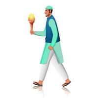 Side View Of Muslim Man Holding Flaming Torch In Traditional Attire On White Background. vector