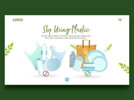 Stop Using Plastic Concept Based Landing Page In White Color On Green Background. vector