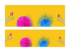 Yellow Header Or Banner Design With Top View Powder Bowls And Silver Color Gun In Two Options. vector