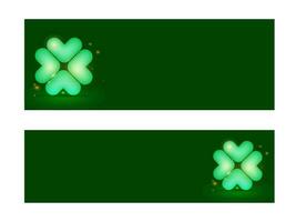 Website Header Or Banner Design Set With Glossy Clover Leaf, Light Effect And Space For Text On Green Background. vector