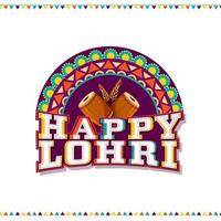 Sticker Style Happy Lohri Font With Drum Instrument, Wheat Ear On Half Circle Floral And White Background. vector