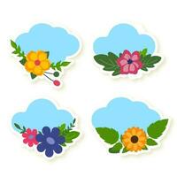Sticker Style Cloud With Floral Collection On White Background. vector