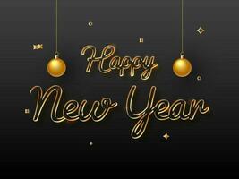 Golden Happy New Year Font With 3D Baubles Hang On Black Background. vector