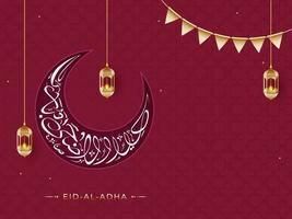 Arábica caligrafía de Eid al-Adha en creciente Luna con dorado iluminado linternas y verderón banderas en rojo antecedentes. vector