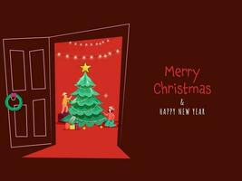 Merry Christmas And New Year Concept With Kids Decorating Xmas Tree In Interior View On Dark Red Background. vector