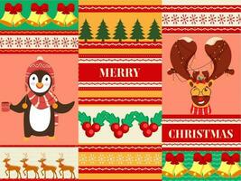 Merry Christmas Celebration Background Decorated With Penguin, Reindeer, Jingle Bells, Xmas Tree And Holly Berries Illustration. vector