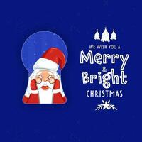 Merry And Bright Christmas Wishes With Cute Santa Claus Peeping From Keyhole On Blue Background. vector