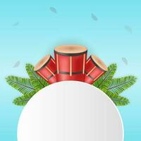 Illustration Of Drum Instruments With Green Fir Leaves And Empty Round Frame Given For Text On Blue Background. vector