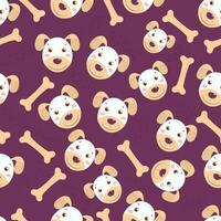 Seamless Pattern Of Cartoon Dog Face With Bones On Purple Background. vector