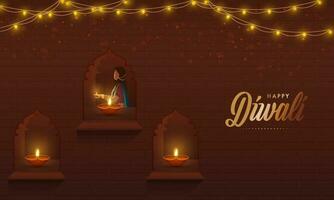 indio mujer decorado ventanas desde iluminado petróleo lamparas y Encendiendo guirnalda en marrón antecedentes para diwali celebracion. vector