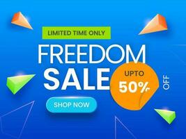 Freedom Sale Poster Design With Discount Offer And 3D Triangle Elements On Blue Background. vector