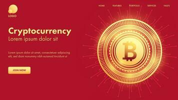 Cryptocurrency Landing Page Design With Golden Bitcoin On Red Background. vector
