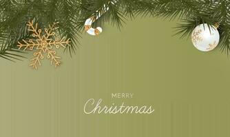 Merry Christmas Banner Design With Top View Of Realistic Bauble, Candy Cane, Golden Snowflake And Fir Leaves On Green Background. vector