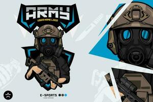 Soldier Army Mascot logo for esport and sport gas mask light machine gun vector