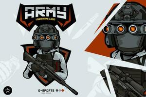 Army Soldier Mascot logo for esport and sport sniper rifle snow vector