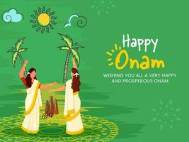 Happy Onam Festival Celebration Background With South Indian Women Dancing Together. vector