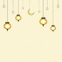 Pastel Orange Mandala Pattern Background Decorated With Stars, Crescent Moon, Lit Lamps Hang And Copy Space. vector