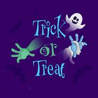 Trick Or Treat Font With Cartoon Ghost, Hands And Flying Bats On Purple Background. vector