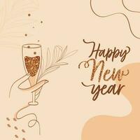 Happy New Year Calligraphy With Linear Style Female Hand Holding Champagne Glass, Leaves Stem On Peach Background. vector