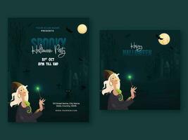 Víspera de Todos los Santos fiesta póster diseño con dibujos animados bruja haciendo magia en lleno Luna cementerio verde azulado antecedentes en dos opción. vector