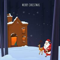 Merry Christmas Concept With Cute Santa Claus Lifting A Bag, Reindeer And House Illustration On Blue Snowy Background. vector