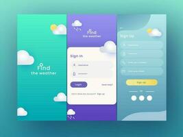 conjunto de ui, ux, gui pantallas clima aplicación incluso me gusta como firmar en, firmar arriba para móvil solicitud o sensible sitio web. vector