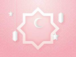 Paper Cut Crescent Moon With Stars, Lanterns Hang And Rub El Hizb On Pink Islamic Pattern Background. vector