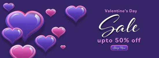 Valentine's Day Sale Header Or Banner Design With Discount Offer And Glossy Hearts On Purple Background. vector