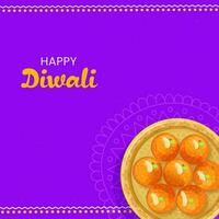 contento diwali celebracion concepto con parte superior ver dorado plato de indio dulce pelotas en púrpura antecedentes. vector