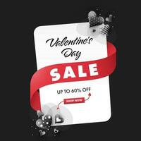 Valentine's Day Sale Poster Design With Discount Offer, Glossy Hearts On White And Black Background. vector