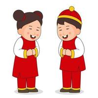 Chinese Young Boy And Girl Wearing Traditional Cloth In Standing Pose. vector