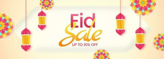 Eid Sale Banner Or Header Design Decorated With Colorful Floral And Paper Cut Lanterns Hang. vector