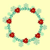 Empty Circle Frame Made By Leaves And Poinsettia Flowers On Yellow Background Decorated With Snowflakes. vector