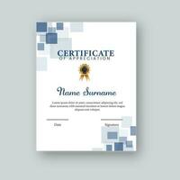 certificado de apreciación modelo diseño con Insignia en azul y blanco color. vector