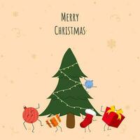 Merry Christmas Concept With Funny Festival Element And Xmas Tree On Peach Background. vector