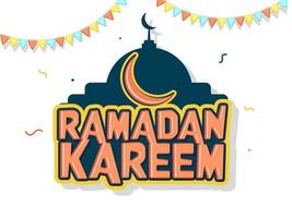 Sticker Style Ramadan Kareem Text With Crescent Moon, Mosque And Bunting Flags On White Background. vector