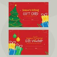 Season Gift Card Or Voucher Set With Xmas Tree, Baubles Hang And Gift Boxes In Red Color. vector