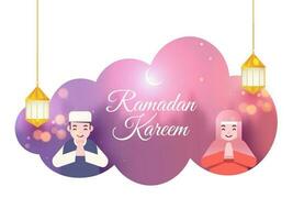 Ramadán kareem concepto con musulmán hombre y mujer haciendo namasté, linternas colgar, creciente Luna en resumen antecedentes. vector