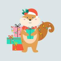 Cute Squirrel Holding Gift Box With Wear Santa Cap And Lighting Garland In Standing Pose. vector