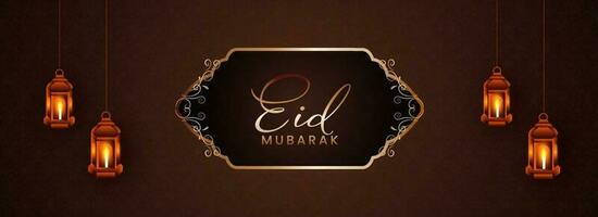 Bronze Eid Mubarak Font With Lit Lanterns Hang On Brown Islamic Pattern Background. vector