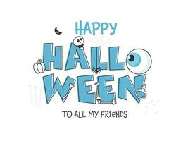 Happy Halloween Text With Eyeball, Skull, Pumpkin, Potion Bottle And Bones On White Background. vector