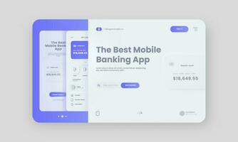 Mobile Banking App Hero Banner Or Landing Page In White And Blue Color. vector